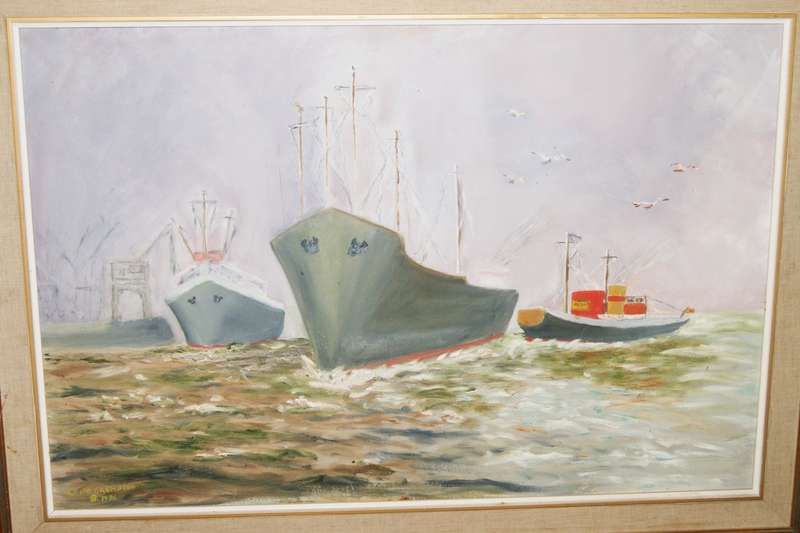 Harbor scene oil on board by Cliff Crompton 1976 signed