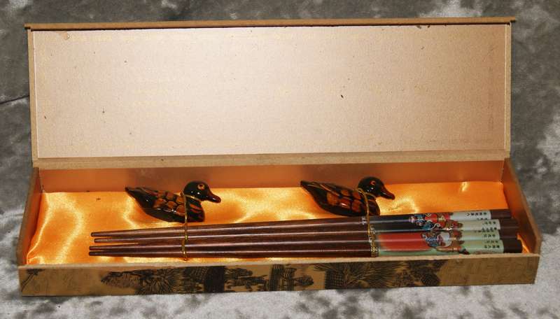 Vintage hand painted Chinese luxury chopstick set with hand painted wooden duck chopstick stands