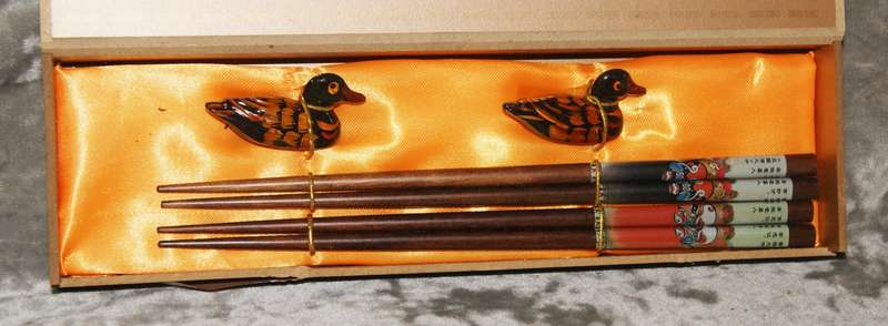 Vintage hand painted Chinese luxury chopstick set with hand painted wooden duck chopstick stands