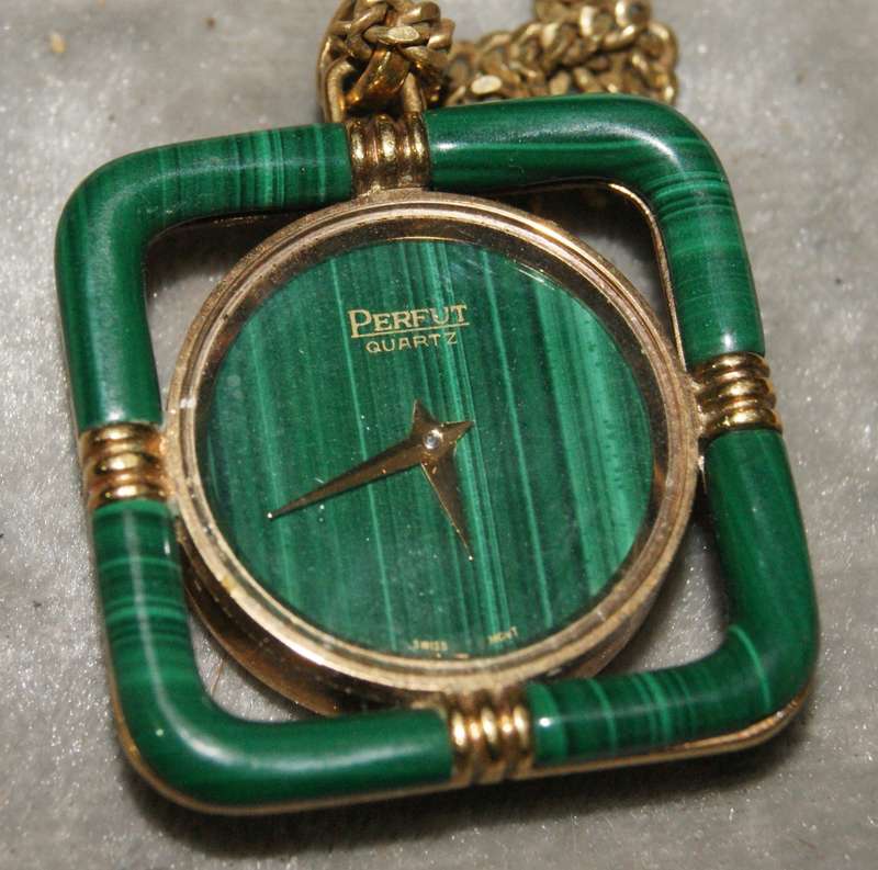 Perfut Quartz Malachite Nurses Watch on Rolled Gold Necklace