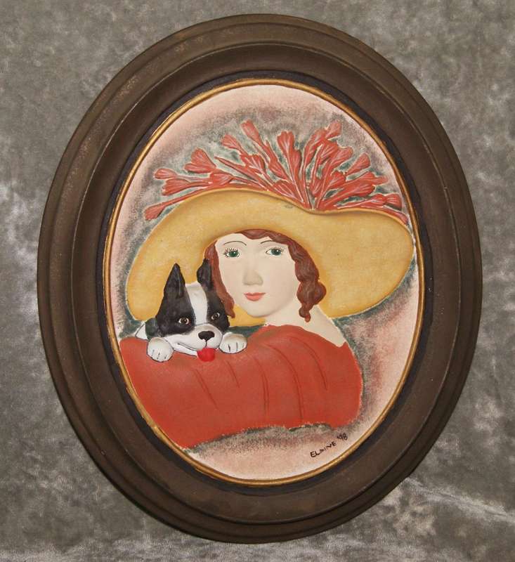 Hand painted ceramic portrait of lady and dog signed Elaine 98 @ Crazy R1 start