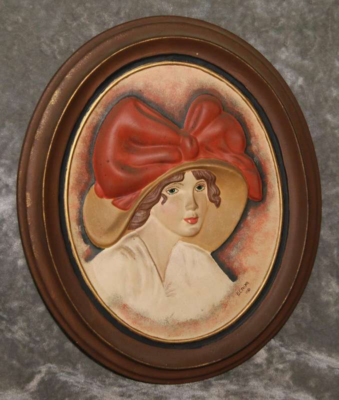 Hand painted ceramic portrait of lady with red bow on hat signed Elaine 98 @ Crazy R1 start