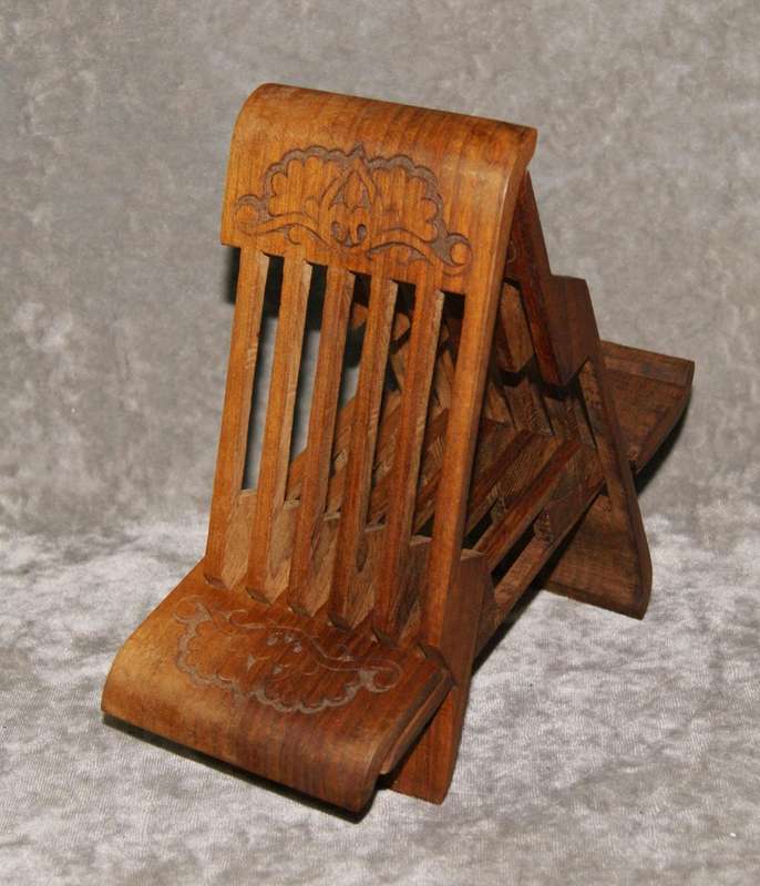 Vintage hand carved foldable book stand carved from single piece of wood