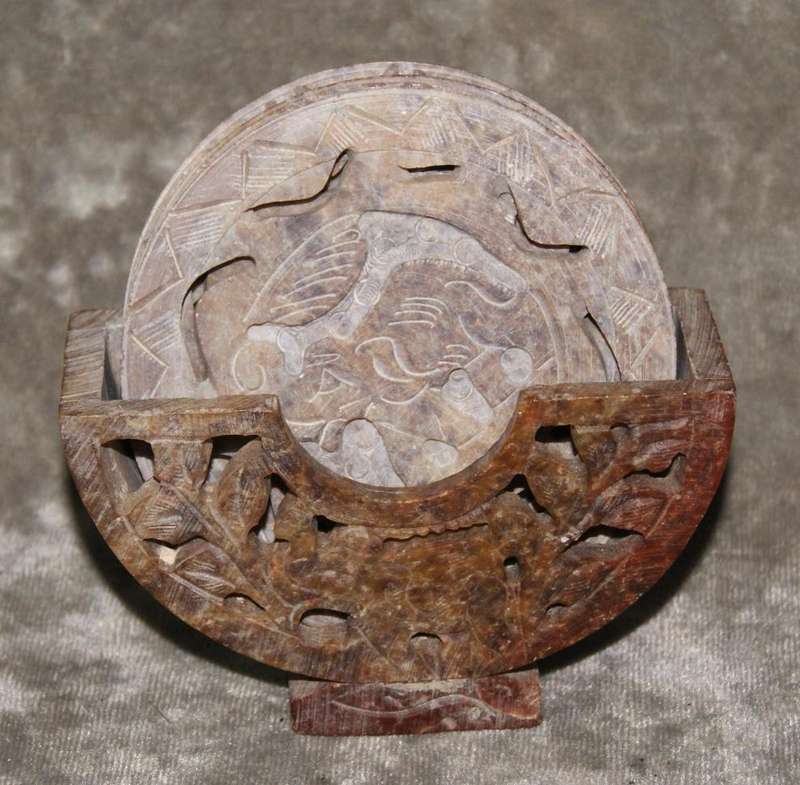 Set of 3 hand carved stone coasters in holder