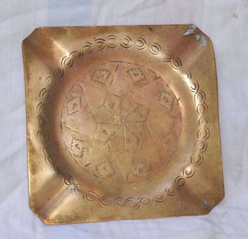 Vintage hand etched brass ashtray