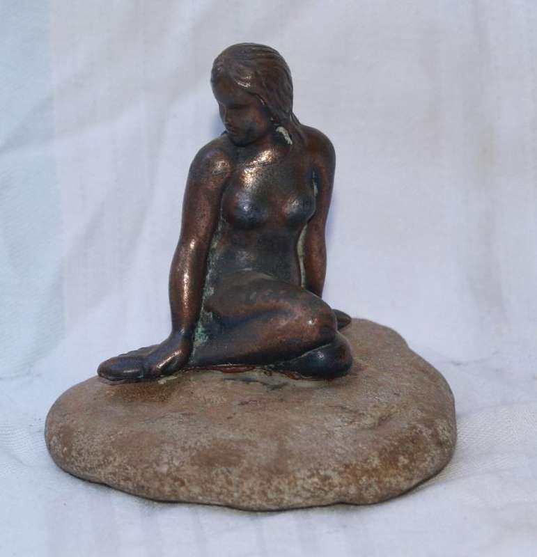Vintage Danish bronze mermaid on rock
