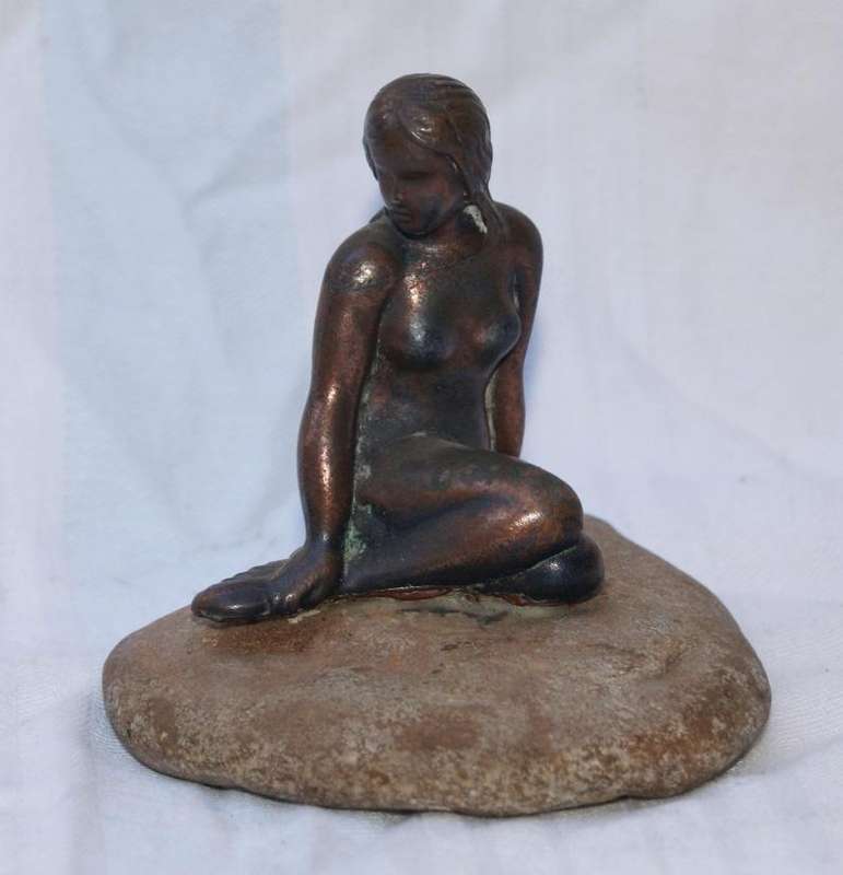 Vintage Danish bronze mermaid on rock