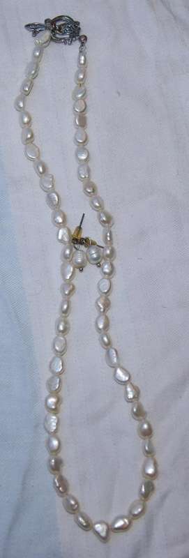 Vintage hand strung 5x8mm white freshwater pearl necklace with matching earrings