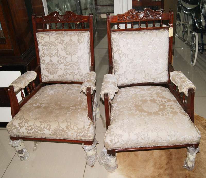 Pair of Antique Victorian Mahogany Lounge Chairs  Ornately Carved with Upholstered Seats