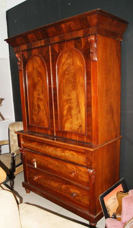 Antique Mahogany Linen Press  Rich Flame Grain & Carved Details