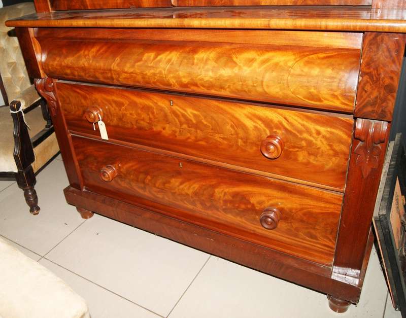 Antique Mahogany Linen Press  Rich Flame Grain & Carved Details