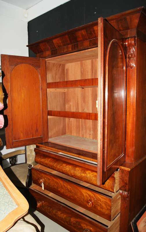 Antique Mahogany Linen Press  Rich Flame Grain & Carved Details