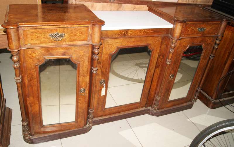 Victorian Inlaid Burl Walnut Breakfront Sideboard / Server with Mirrored Doors