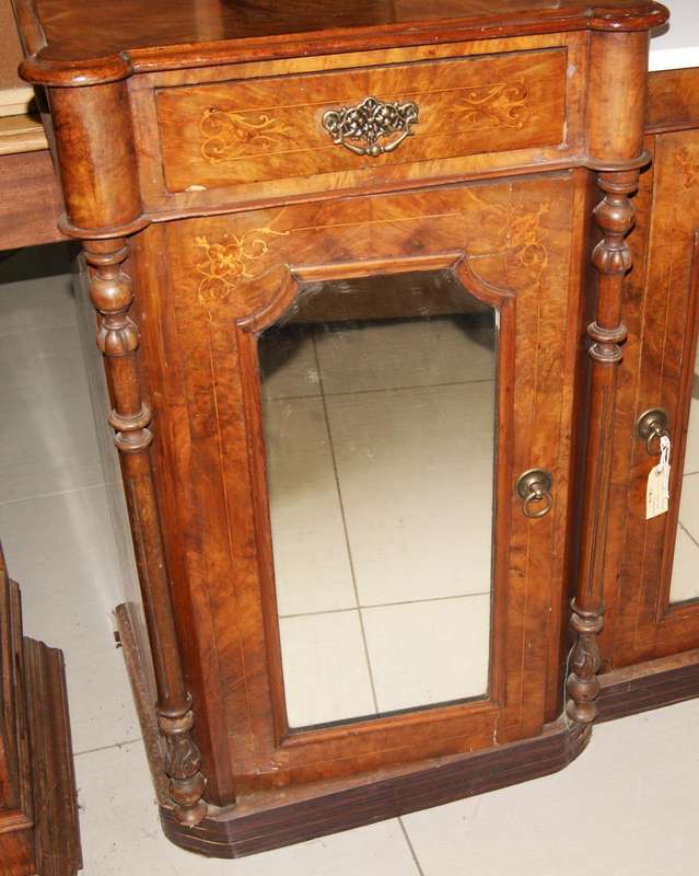 Victorian Inlaid Burl Walnut Breakfront Sideboard / Server with Mirrored Doors