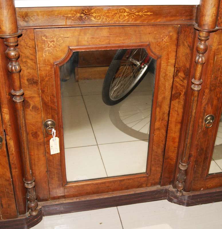 Victorian Inlaid Burl Walnut Breakfront Sideboard / Server with Mirrored Doors