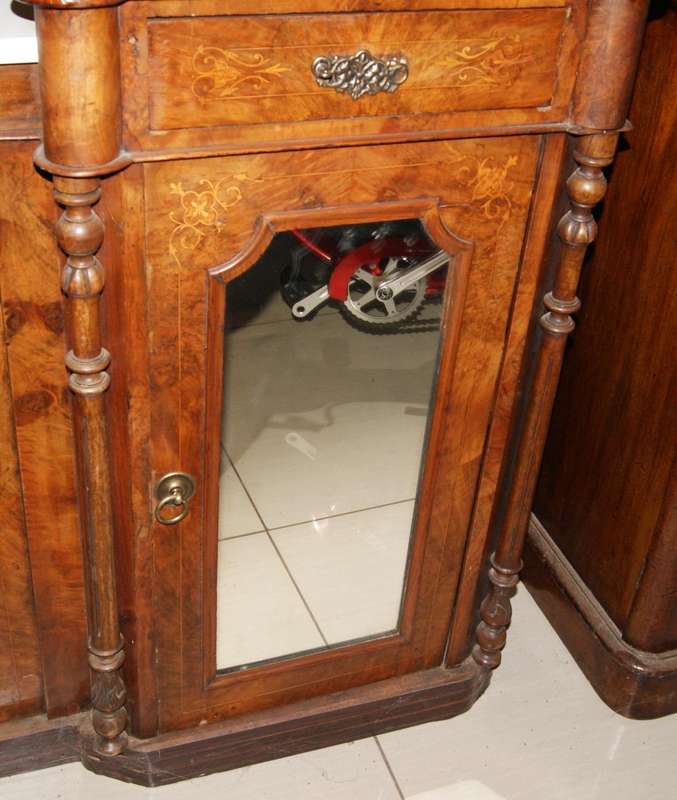 Victorian Inlaid Burl Walnut Breakfront Sideboard / Server with Mirrored Doors