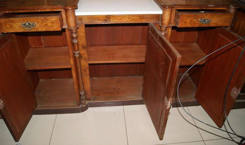 Victorian Inlaid Burl Walnut Breakfront Sideboard / Server with Mirrored Doors