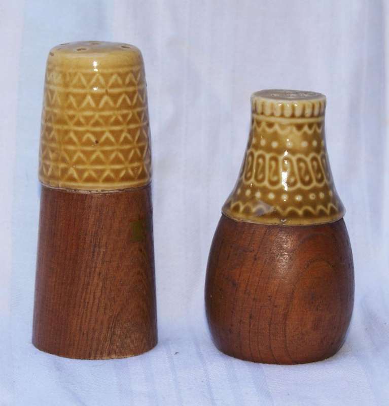 Vintage ceramic and wood salt and pepper shaker set