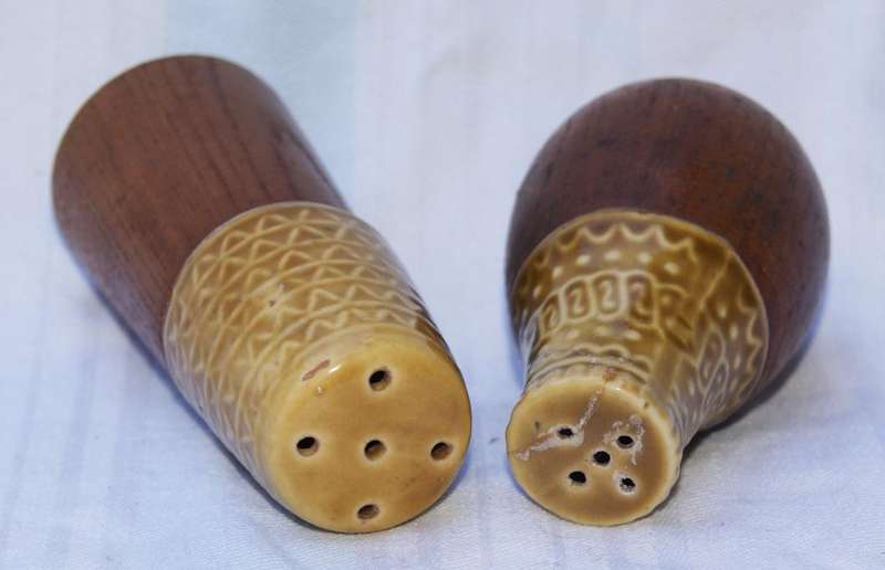 Vintage ceramic and wood salt and pepper shaker set