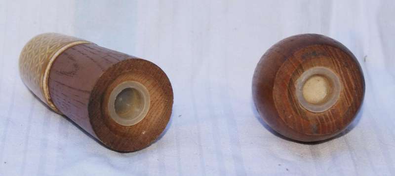 Vintage ceramic and wood salt and pepper shaker set