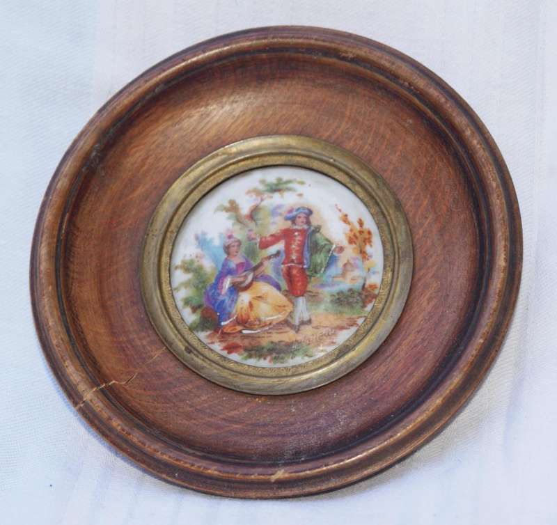 Antique Limoges porcelain plaque  Watteau scene in wooden frame