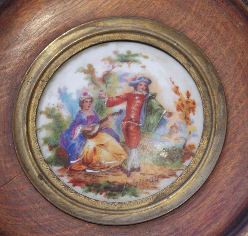Antique Limoges porcelain plaque  Watteau scene in wooden frame