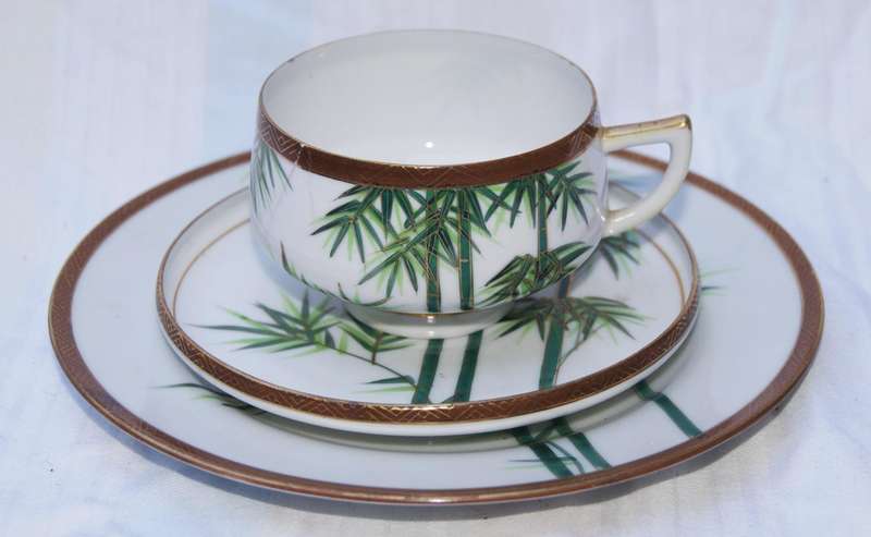 Vintage Japanese Satsuma Geisha Lithophane tea trio with bamboo & gold trim design