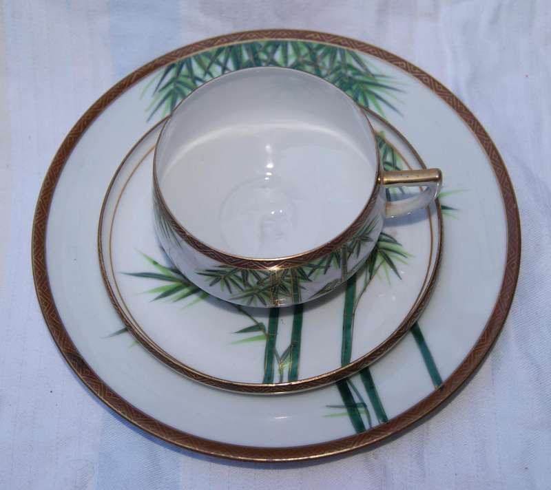 Vintage Japanese Satsuma Geisha Lithophane tea trio with bamboo & gold trim design