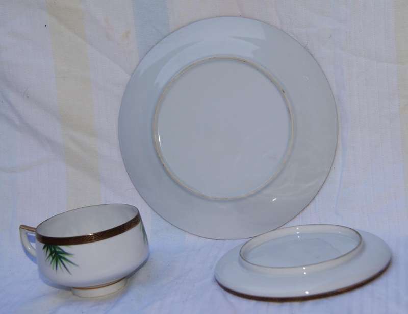 Vintage Japanese Satsuma Geisha Lithophane tea trio with bamboo & gold trim design