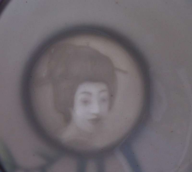 Vintage Japanese Satsuma Geisha Lithophane tea trio with bamboo & gold trim design