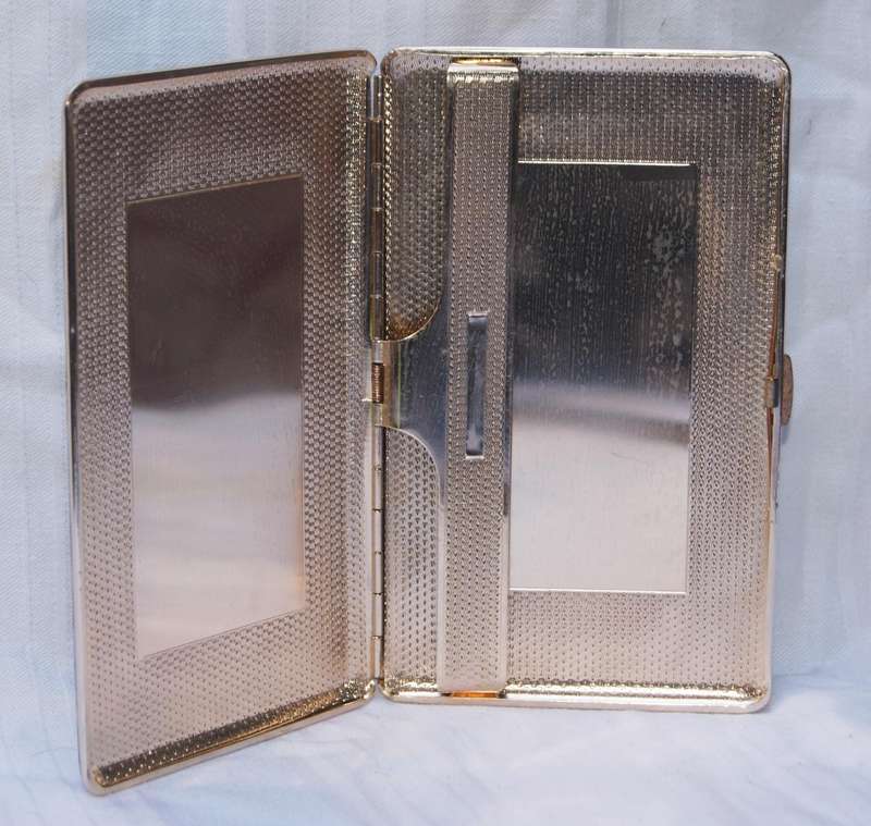 Vintage Gilded Metal Cigarette Case with Black Leatherette Cover