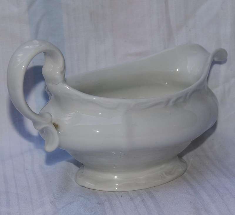 Vintage White Porcelain Gravy Boat  Ornate Handle
