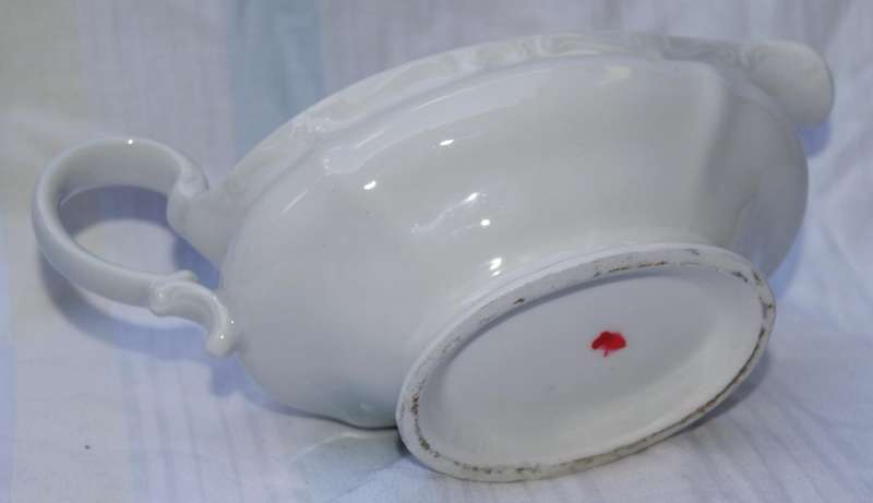 Vintage White Porcelain Gravy Boat  Ornate Handle