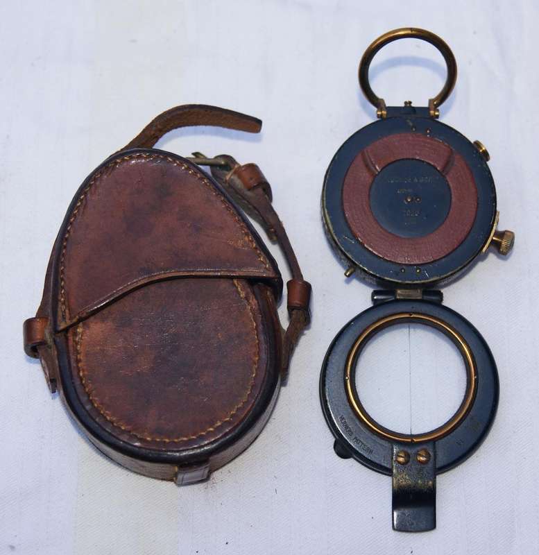 Antique WWI H. Hughes & Son Brass Marching Compass  Original Leather Case