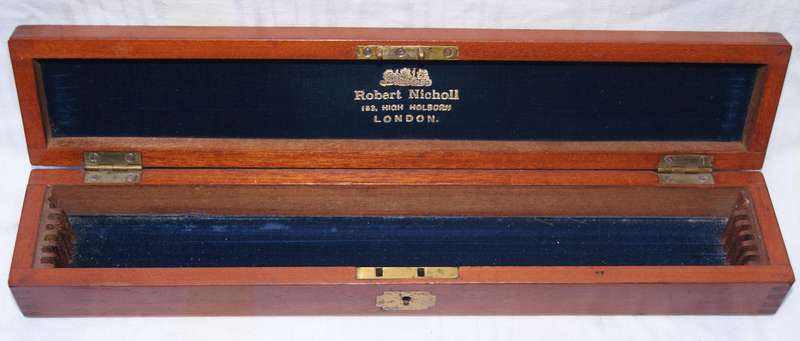 Antique Robert Nicholl London Scale Rule Set  8 Rules in Flame Mahogany Box
