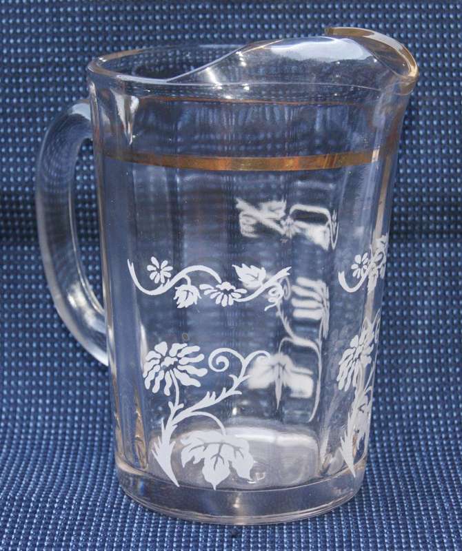 Vintage Floral Glass Jug with Gold Trim  Etched Design