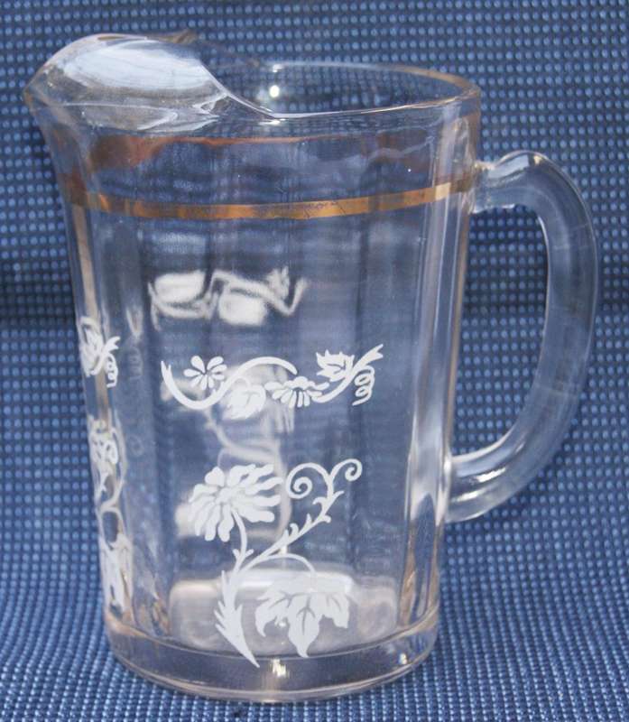 Vintage Floral Glass Jug with Gold Trim  Etched Design