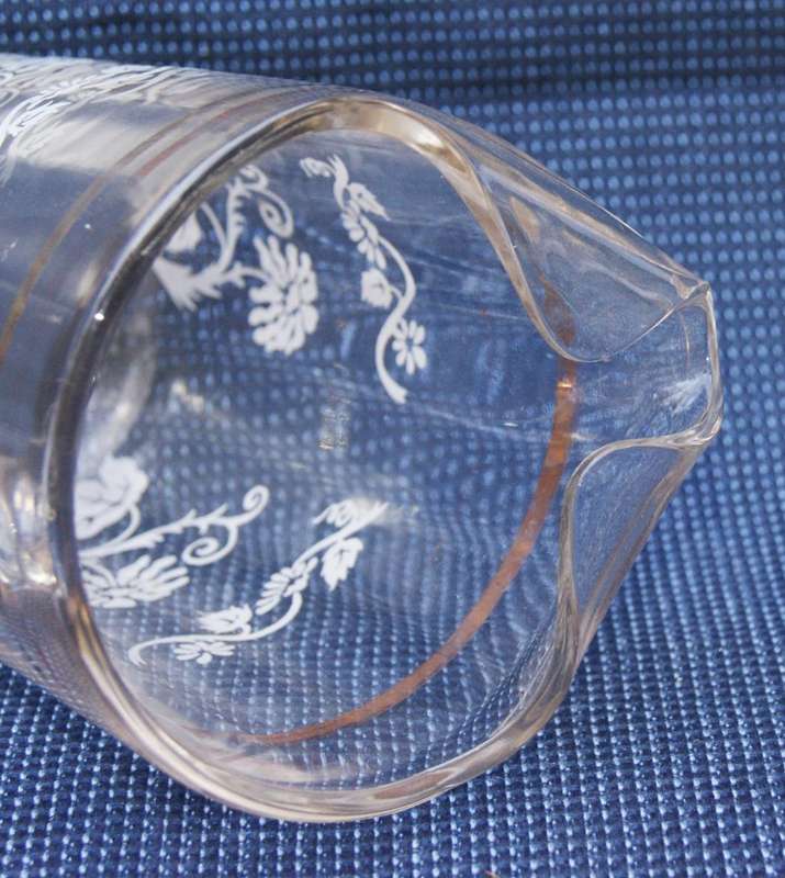 Vintage Floral Glass Jug with Gold Trim  Etched Design