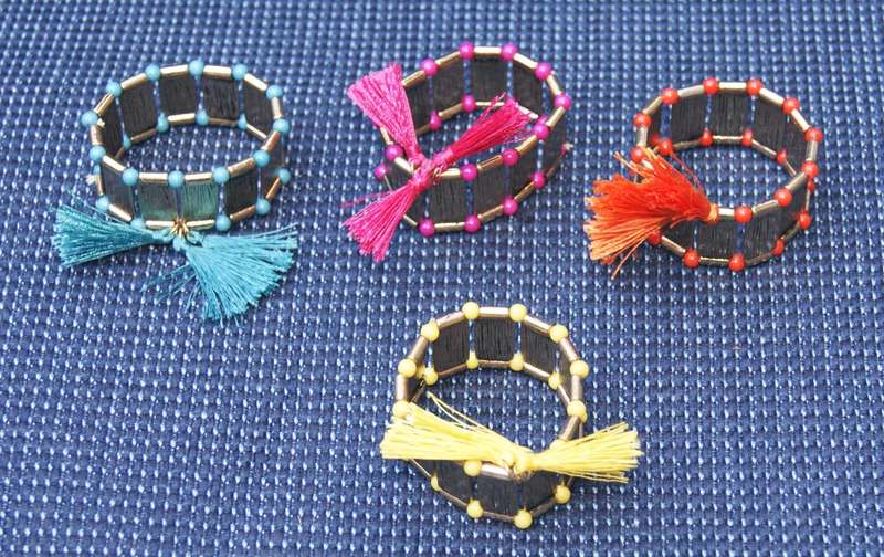 Set of 4 Colourful Beaded Elasticated Napkin Rings  Tassel Detail