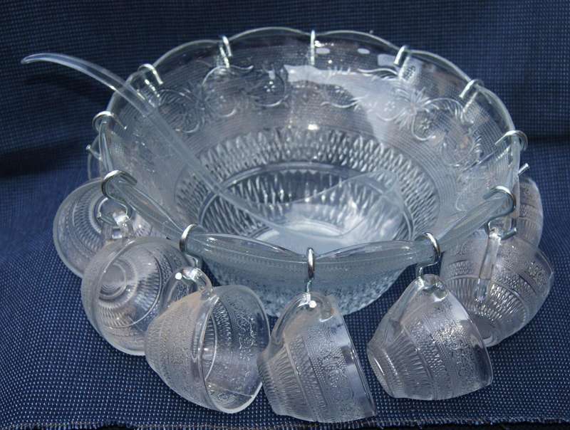 Vintage Pressed Glass Punch Bowl Set  12 Cups + Ladle