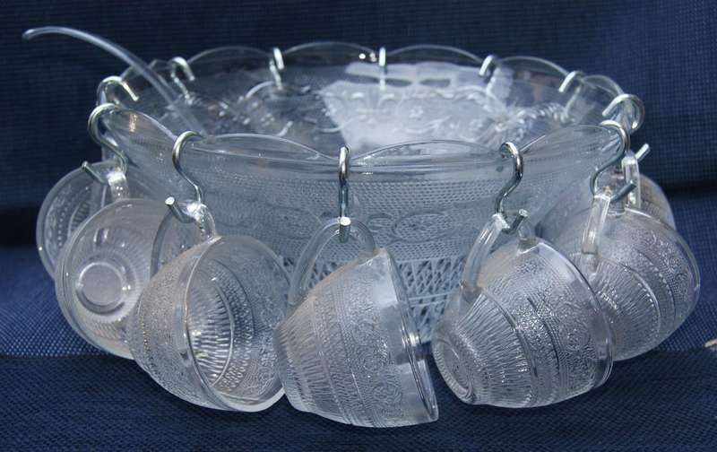 Vintage Pressed Glass Punch Bowl Set  12 Cups + Ladle