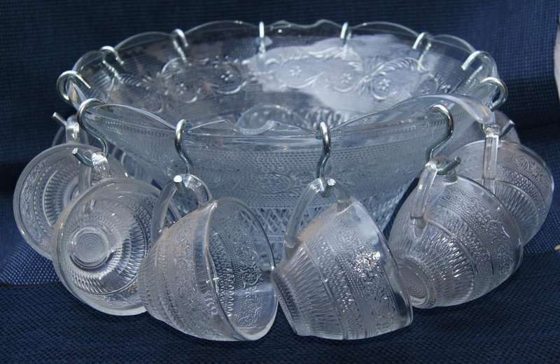 Vintage Pressed Glass Punch Bowl Set  12 Cups + Ladle