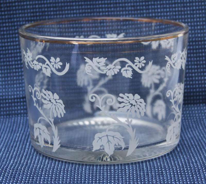 Vintage Gold-Rimmed Glass Ice Bucket  Etched Floral Design