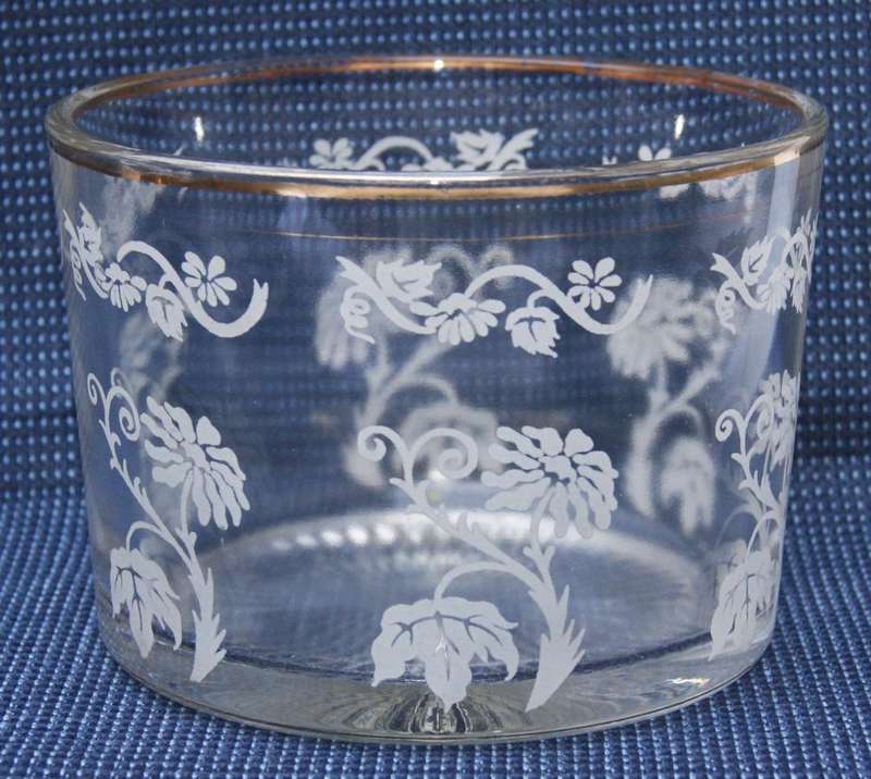 Vintage Gold-Rimmed Glass Ice Bucket  Etched Floral Design