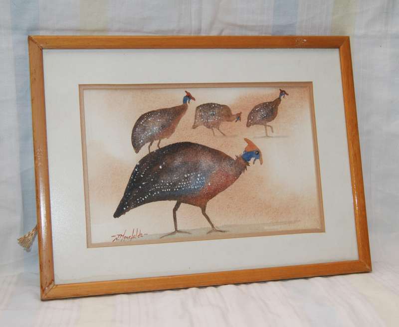 Original Signed J Manefeldt Watercolour 4 "Helmeted Guinea Fowl"