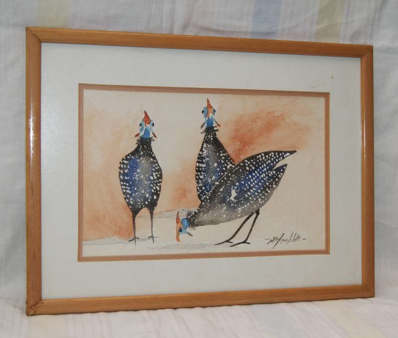 Original Signed J Manefeldt Watercolour 3 "Helmeted Guinea Fowl"