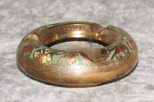 Vintage etched enameled brass ashtray