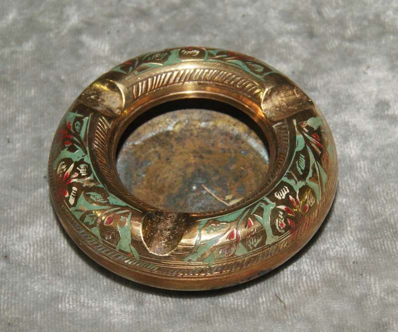Vintage etched enameled brass ashtray