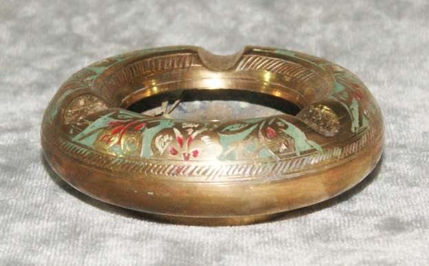 Vintage etched enameled brass ashtray