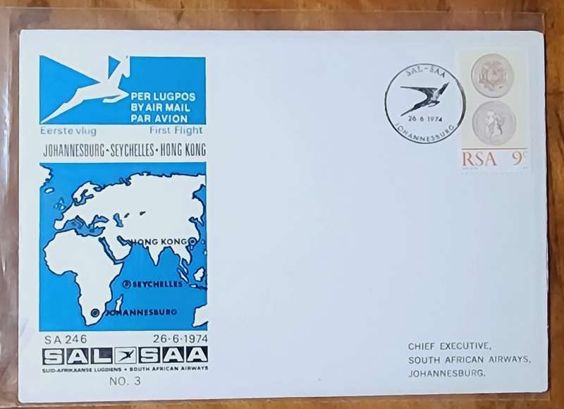SAA FDC NO#3 JOHANNESBURG-SEYCHELLES-HONG KONG 1974